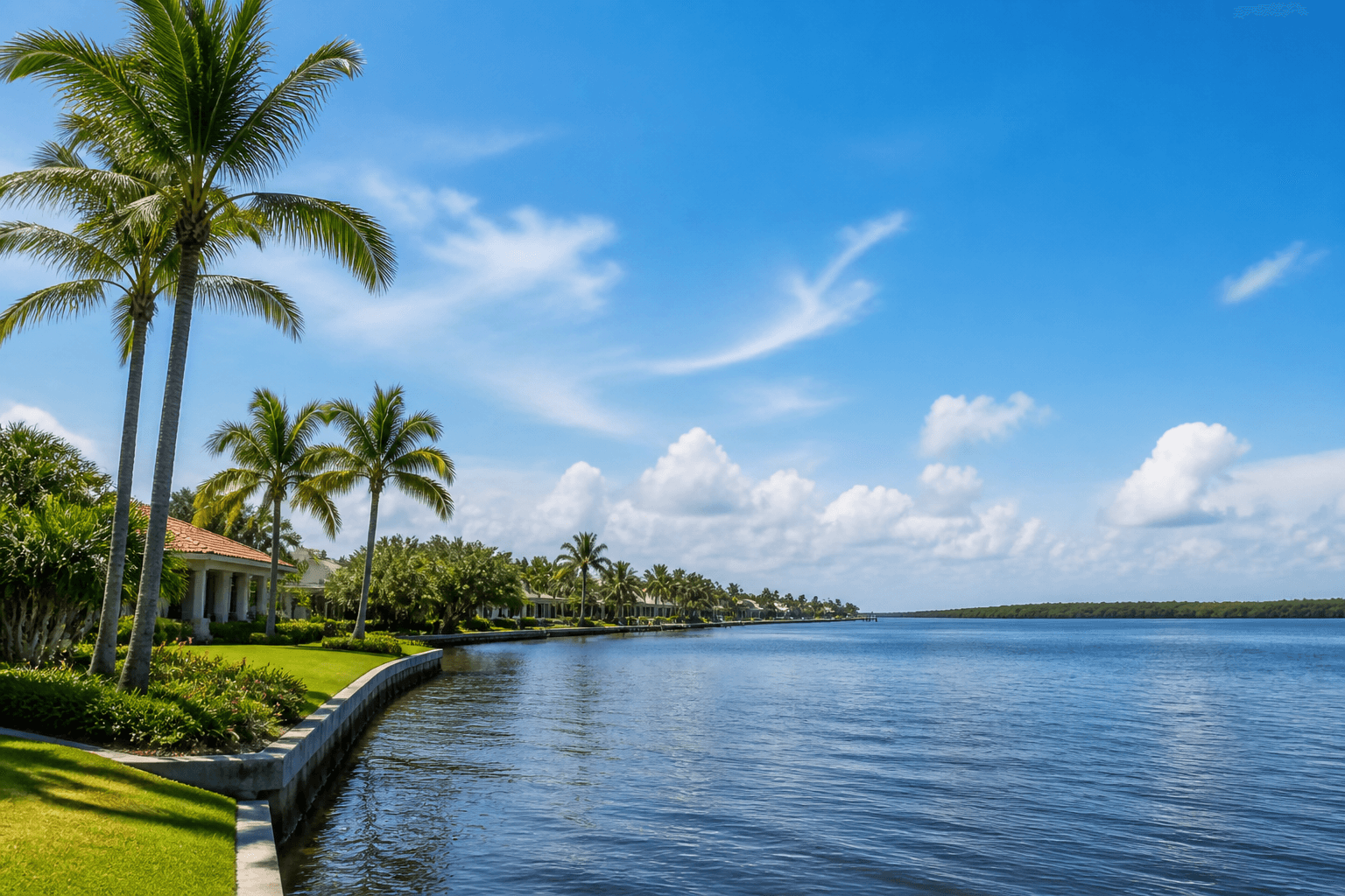 Bonita Springs, Florida Gulf Coast waterfront with palms