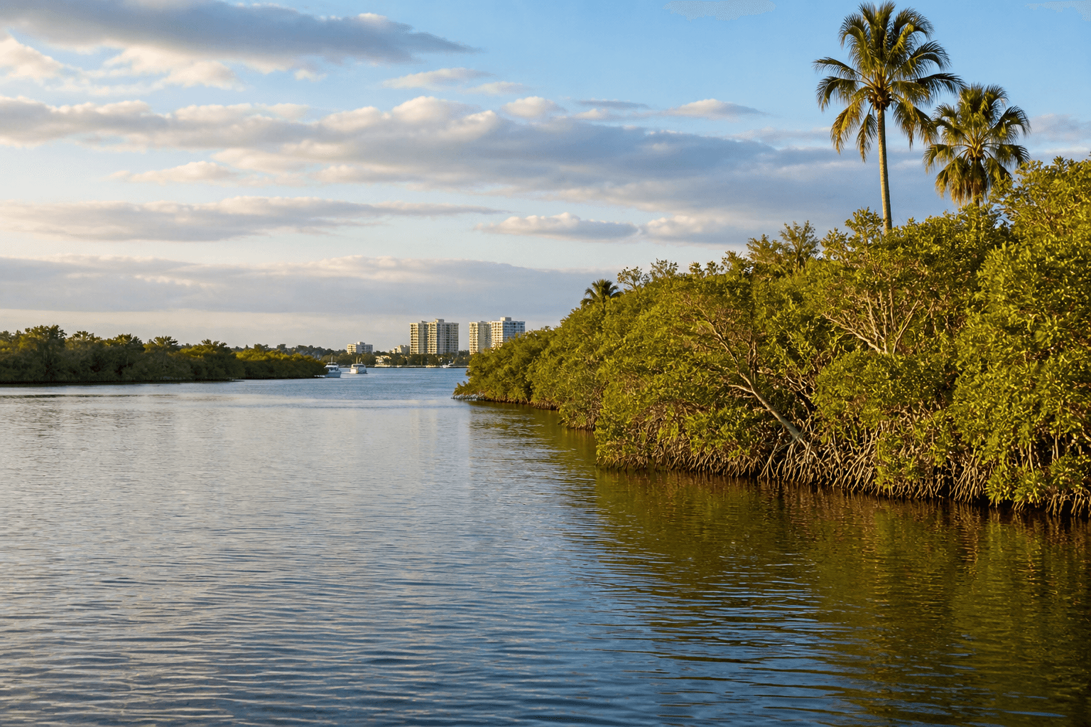 Estero, Florida estuary shoreline with mangroves and palms