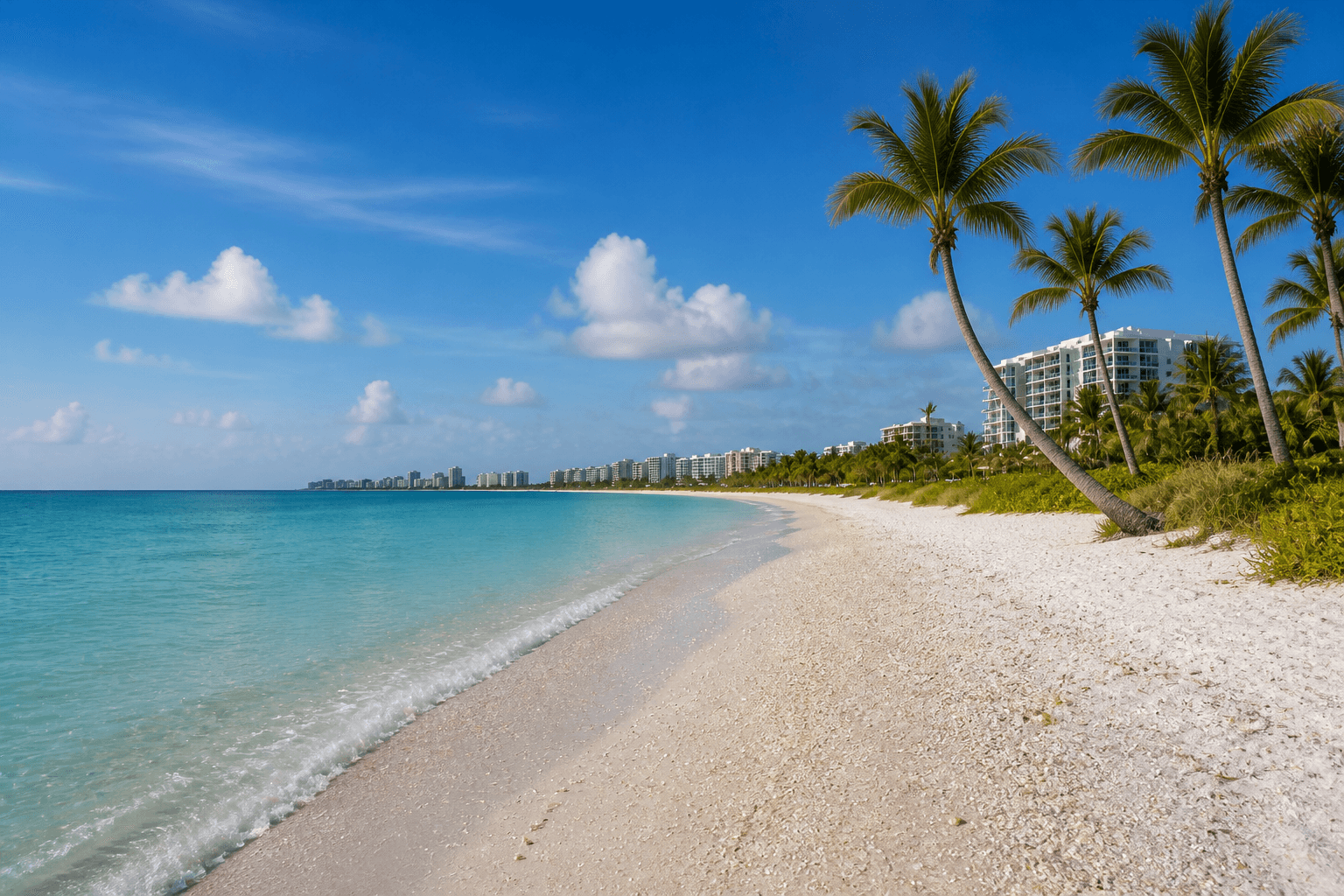 Sanibel Island, Florida Gulf shoreline with shell beach and palms